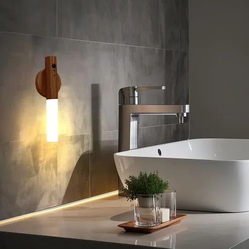 Miniatura 6 de LANDGOO Luz nocturna con sensor de movimiento RGB y control táctil, aplique de pared de madera recargable USB-C Luz de baño/dormitorio