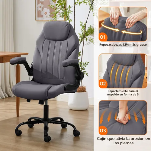 Miniatura 7 de Silla de escritorio de oficina, silla ergonómica para computadora con brazos abatibles acolchados y soporte lumbar ajustable, silla ejecutiva de Gris