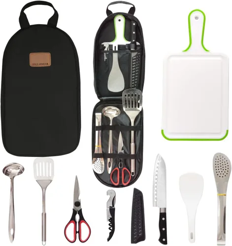 Juego de utensilios de cocina Gold Armour, organizador de viaje, portátil, para barbacoa, camping, utensilios de cocina, utensilios de acero