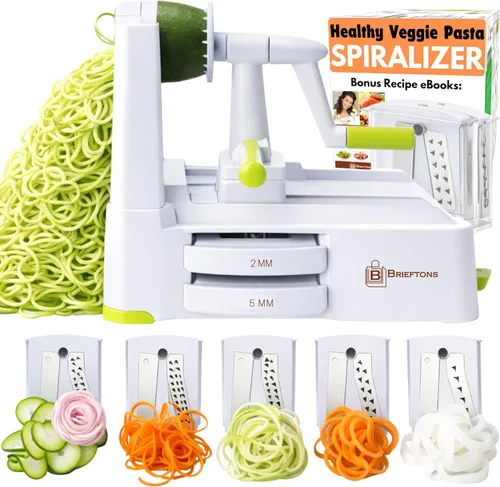 Brieftons Espiralizador de verduras de 5 hojas: rebanador en espiral más fuerte y pesado, el mejor fabricante de pasta de espaguetis de verduras