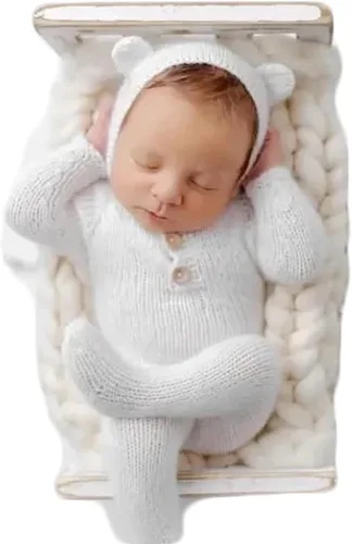 Miniatura 2 de Zeroest Conjunto de punto de ganchillo para sesión de fotos para niño recién nacido, gorro de oso con pies, mameluco con pies, para fotografía