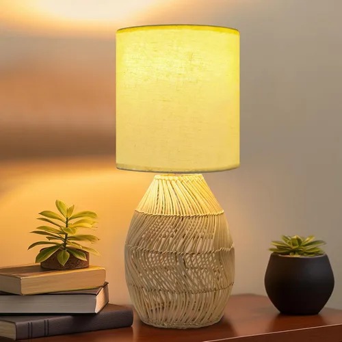 Lámpara de mesita de noche estilo Boho de ratán - Lámpara tejida de bambú hecha a mano con 3 temperaturas de color para mesita de noche y sala de