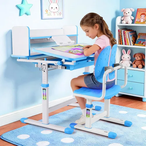 Miniatura 2 de Artist hand Kids Study Desk and Chair Set Height Adjustable Children School Table Large Writing Board Desk with LED Lamp Pull Out Drawer Pencil Case