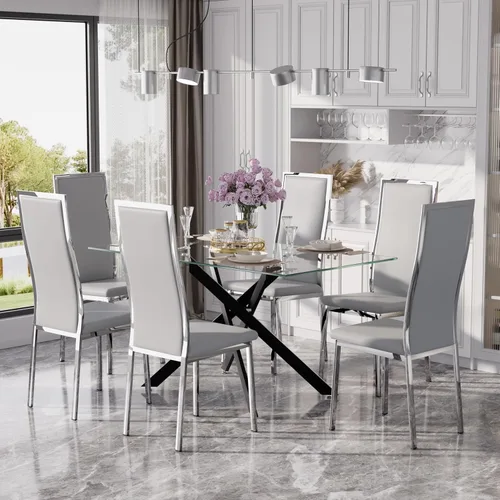 Miniatura 28 de Juego de mesa de comedor de cristal dorado moderno de 63 pulgadas para 6, juego de mesa de cocina rectangular de 7 piezas con patas de acero Negro