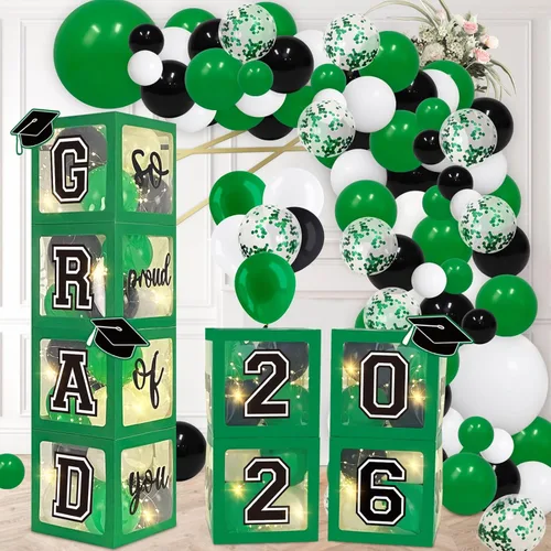 Miniatura 10 de DAZONGE Decoraciones de graduación 2026 negro y dorado – Juego de 4 cajas de graduación con 139 piezas de guirnalda de arco de globos y 4 cuerdas