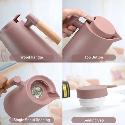 Miniatura 9 de Jarra térmica de doble pared de 1 litro, olla térmica al vacío con mango de madera, hervidor de agua, frasco aislado, jarra de té que mantiene