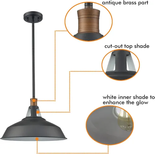 Miniatura 2 de CLAXY - Lámpara colgante negra para granja, barra colgante de granero Dimmable E26 Indoor Kitchen Hanging Pendant Light Fixture-15.3" Diameter