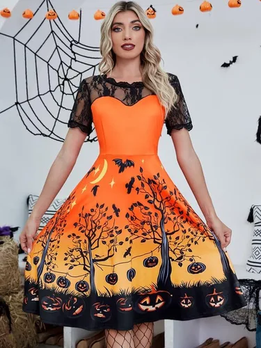 Miniatura 2 de Vestido de calabaza con mangas de encaje para mujer con cremallera lateral
