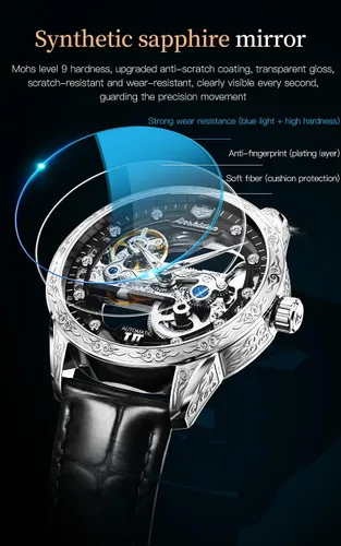 Miniatura 6 de Relojes de cuero de esqueleto para hombre, vestido de lujo automático, mecánico, automático, impermeable, luminoso, relojes de pulsera