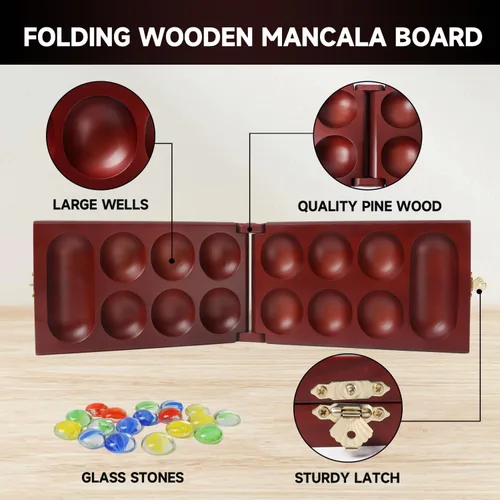 Miniatura 2 de GSE Games & Sports Expert Juego de mesa plegable de madera de Mancala con piedras de vidrio multicolor y bolsa de almacenamiento, juego portátil