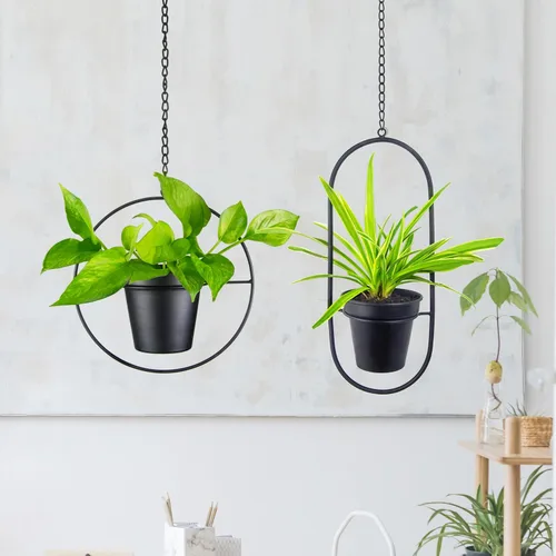 Miniatura 2 de Juego de 2 macetas colgantes modernas de metal, colgantes geométricos redondos y ovalados con macetas de 5 pulgadas, soportes negros para pared