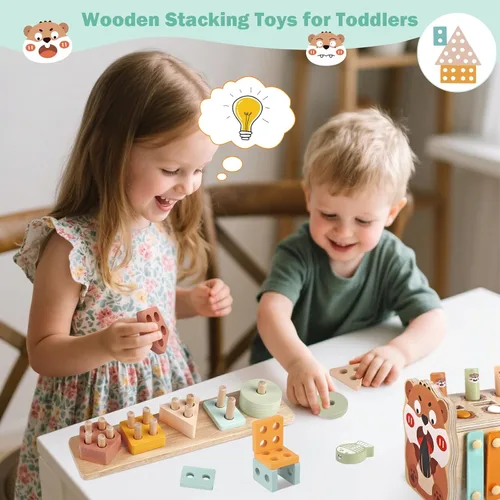 Miniatura 11 de Juguetes de madera Montessori para niños pequeños de 1 a 3 años, juguete de martillado y golpeo para bebés con xilófono y juego de pesca, pista
