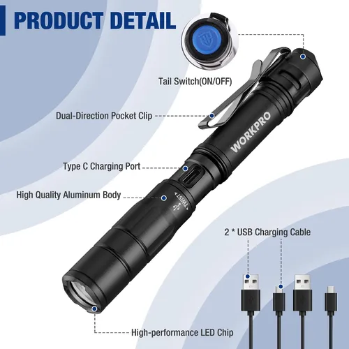 Miniatura 7 de WORKPRO Luz recargable para bolígrafo, mini linterna, paquete de 2 linternas EDC ultracompactas, linterna de bolsillo con clip, función de memoria
