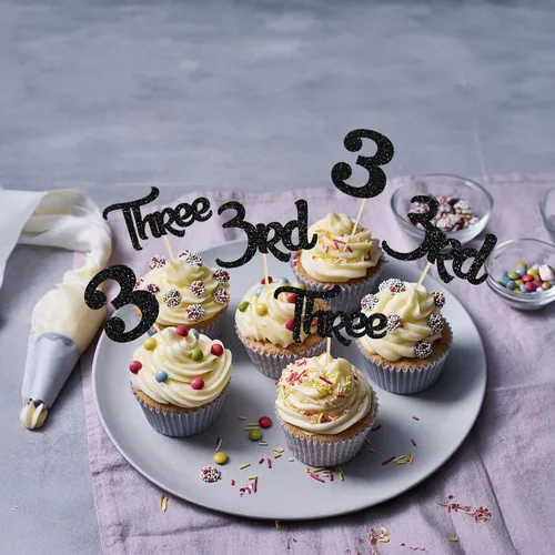 Miniatura 8 de 24 piezas de adornos para cupcakes de tercer cumpleaños, brillo, 3er cumpleaños, 3 piezas para baby shower, aniversario, decoración para pastel