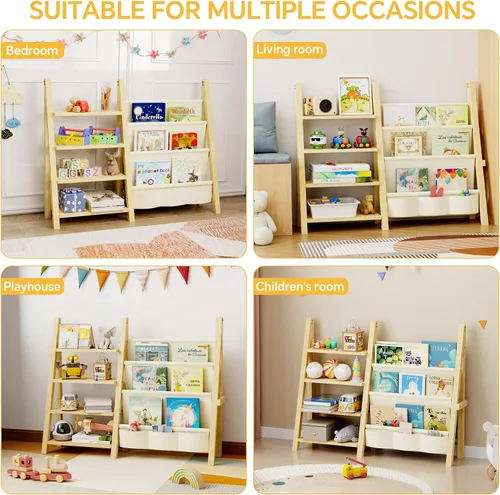 Miniatura 5 de Organizador de almacenamiento de juguetes con estantería para niños, organizador de juguetes Montessori de madera para habitaciones de niños