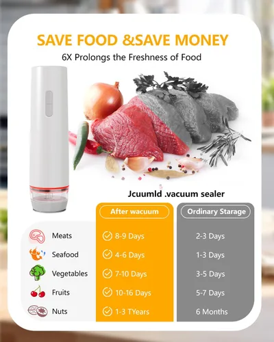 Miniatura 7 de Sellador al vacío para alimentos con 30 bolsas de vacío reutilizables, 6 veces bloqueo de frescura, máquina selladora al vacío portátil inalámbrica