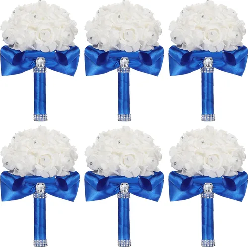 Miniatura 8 de Jutom Paquete de 10 ramos de boda para novia, rosas de dama de honor, ramo de novia, ramo de flores de boda con cintas suaves de diamante para Crema