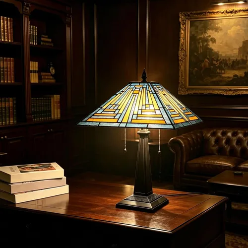 Miniatura 4 de Tiffany - Lámparas de mesa de 16 pulgadas de ancho hechas a mano con vitrales para lectura, 2 luces, estilo misión azul, luz de mesa antigua