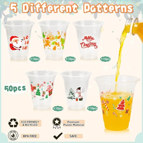 Miniatura 5 de GuassLee Vasos desechables de Navidad, paquete de 50 vasos de plástico desechables transparentes de 12 onzas con 5 estilos de patrones para niños