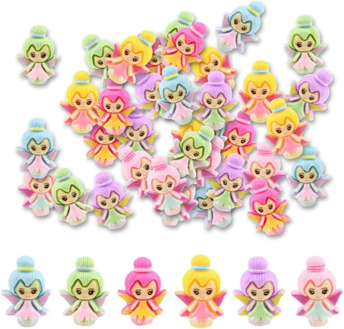 GUZUHUKU 60 dijes de ángel con parte trasera plana, dijes de limo de hada de flores, dibujos animados de colores mezclados, lindos para hacer