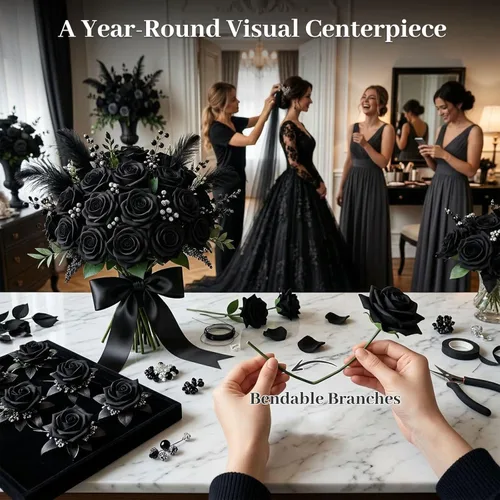 Miniatura 5 de JOHOUSE 20 rosas negras con tallo y 10 cabezas de rosas decorativas – Decoración gótica para el hogar y arreglos florales de boda centros de mesa