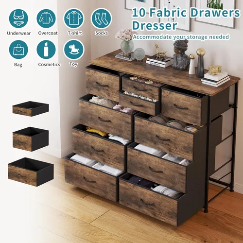 Miniatura 4 de LUMTOK Cómoda de 10 cajones, cómoda de almacenamiento de tela para dormitorio, pasillo, guardería, armarios, marco de acero, parte superior de 10