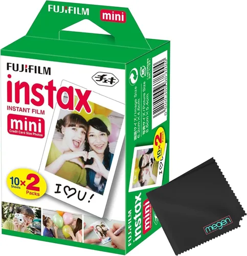 Fujifilm Mini Instant Film (Blanco) para cámaras Mini 8, 9, 11, 12, 50s, 25, 7s, 90, 300, Instax Mini Link con paño de microfibra de Megen (20