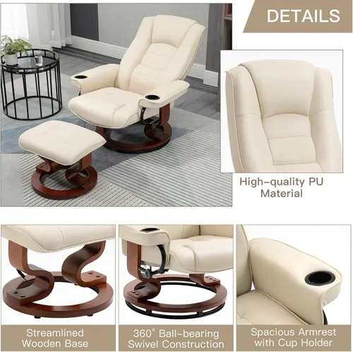 Miniatura 5 de AVAWING Silla reclinable con masaje por vibración, reclinable, de piel sintética, con otomana, giratoria, de madera, para sala de estar, color beige