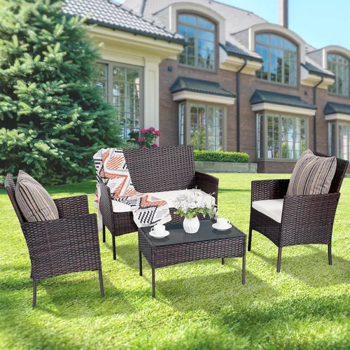 Miniatura 9 de Juego de muebles de patio de 4 piezas, muebles de ratán para exteriores con mesa de centro de vidrio templado, sillas modernas de ratán para patio