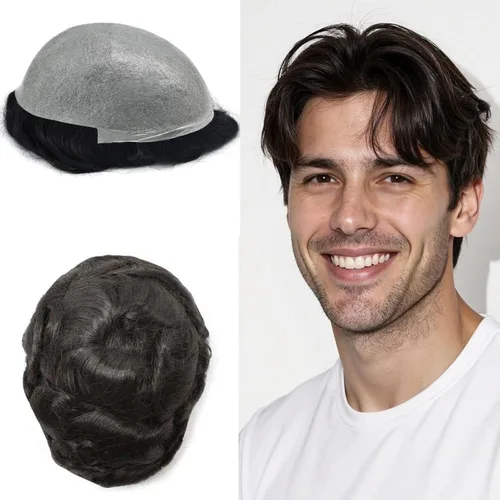 Miniatura 60 de Super Thin Skin Mens Toupee 0.001 in - Sistema de cabello de piel ultrafina para hombres, cabello humano negro, marrón, rubio, gris, peluca