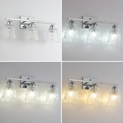 Miniatura 4 de Mecgirn Lámpara de Tocador de Baño de Acero Inoxidable Sobre Espejo, 3 Luces de Baño de Cromo Pulido con Soportes de Vidrio Texturizado, Iluminación