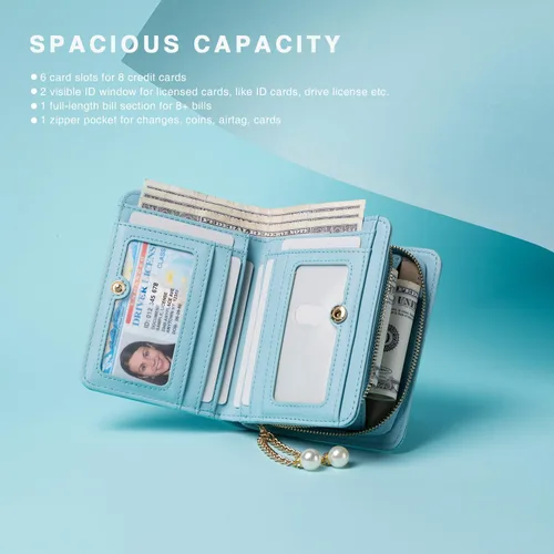 Miniatura 2 de Cartera para mujer con colgante de perlas RFID bloqueo tarjeta de crédito cartera de cuero premium, Celeste, Minimalista