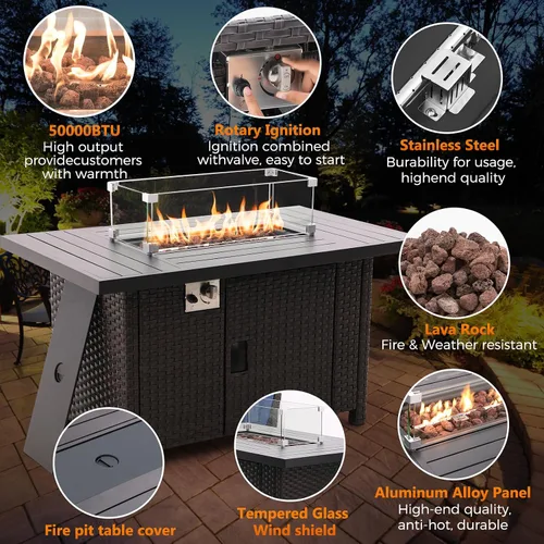 Miniatura 4 de Juego de 8 muebles de patio al aire libre con mesa para fogata de propano de 46 pulgadas, muebles de mimbre de polietileno marrón, sofá seccional