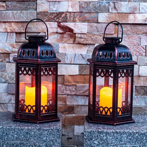 Miniatura 5 de Paquete de 2 faroles solares de bronce, faroles colgantes retro ornamentados con asa, linterna para exteriores con vela LED parpadeante, 6.60 x 6.60
