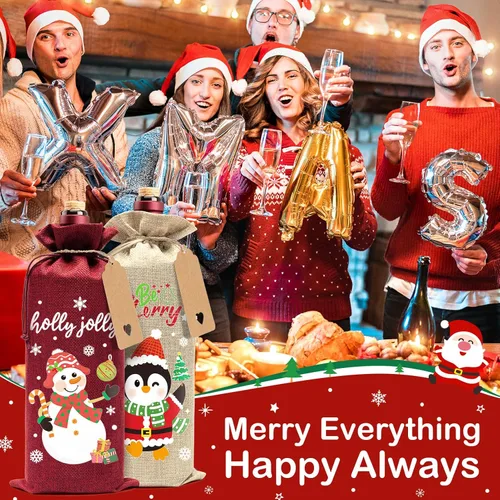 Miniatura 6 de Aoonby 12 piezas de bolsas de vino de arpillera, bolsas de regalo de vino de Navidad para botellas, regalos, bolsa de botella de Navidad con cordón
