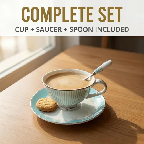 Miniatura 4 de Juego de taza de té y taza de café vintage Royal Bone China con platillo y cuchara, elegante taza de té de cerámica a rayas para té de la tarde