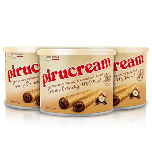 Pirucream Obleas enrolladas con avellana de chocolate, alcalina orgánica 100% cacao, sin grasas trans, conservantes, colorantes o aditivos y sin