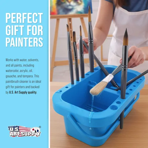 Miniatura 7 de U.S. Art Supply - Limpiador y soporte de pinceles de plástico de 16 orificios con tapa que sirve de paleta para pinturas acrílicas, acuarela y al