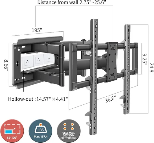 Miniatura 7 de Soporte de pared de TV de movimiento completo resistente para televisores de 55 a 100 pulgadas, 187 libras, placa de pared monolítica, marco frontal