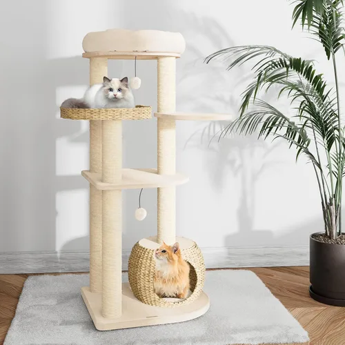 KAMABOKO Árbol Moderno para Gatos, 53" de Alto, Árboles para Gatos de Interior con Postes Rascadores de Sisal Natural, Condominio Tejido a Mano y