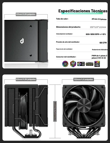 Miniatura 8 de Enfriador de aire para CPU, enfriador de CPU de doble torre con ventilador PWM de 120 mm, enfriador de aire para CPU de 6 tubos de calor