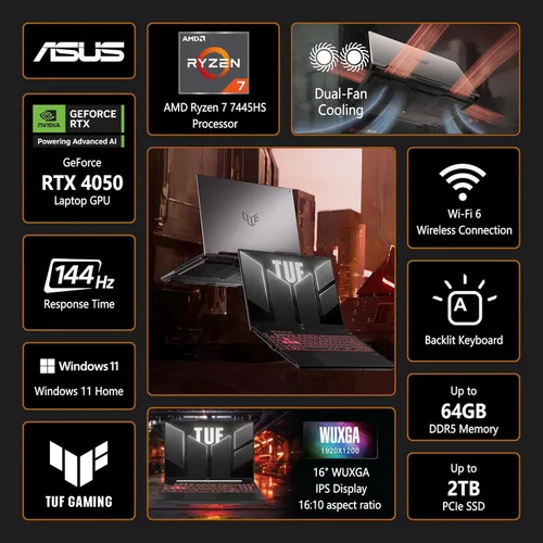 Miniatura 3 de ASUS TUF A16 - Laptop para juegos 16" WUXGA IPS 144Hz procesador AMD 6-Core Ryzen 7 7445HS 16 GB DDR5 512 GB SSD GPU NVIDIA GeForce RTX 4050