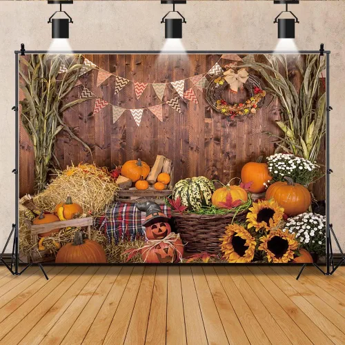 Miniatura 2 de Laeacco Telón de fondo de calabaza de otoño de 5 x 3 pies para otoño, cosecha, granero, fotografía, fondo de madera, guirnalda de girasoles