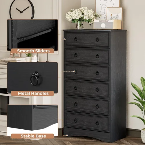 Miniatura 4 de VVFLU Cómoda de 6 cajones de 52" de alto para dormitorio, cómoda de madera de 6 cajones, almacenamiento para ropa, cajones estrechos grandes