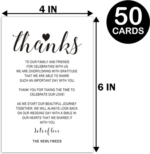 Miniatura 3 de Tarjetas de agradecimiento para recepción de boda, 50 tarjetas de letrero de mesa para cena de ensayo, 4 x 6 pulgadas