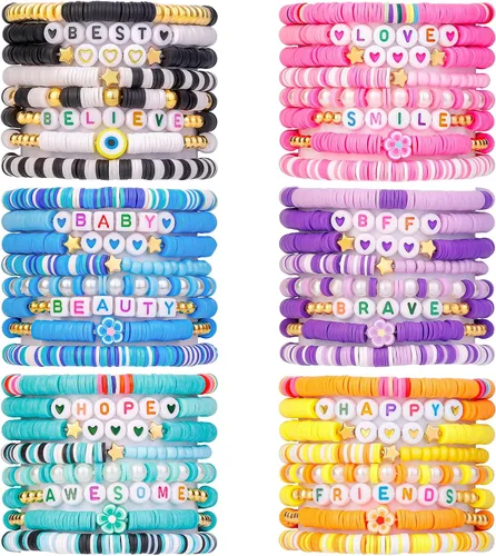 Miniatura 10 de LUYI 32 piezas de pulseras de joyería preppy para mujer, cuentas de arcilla, coloridas, pulseras heishi estilo surfista, conjunto de pulseras