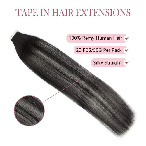 Miniatura 2 de Sixstarhair Extensiones de cabello humano con cinta adhesiva, balayage, color negro a plateado con cinta negra, 20 unidades, 1.76 onzas, extensiones
