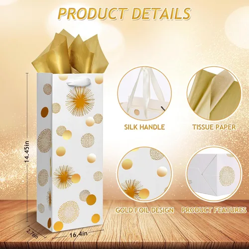 Miniatura 3 de Carnation Bolsas de vino – Paquete de 12 bolsas de regalo para botellas de vino de papel de aluminio dorado para ocasiones especiales