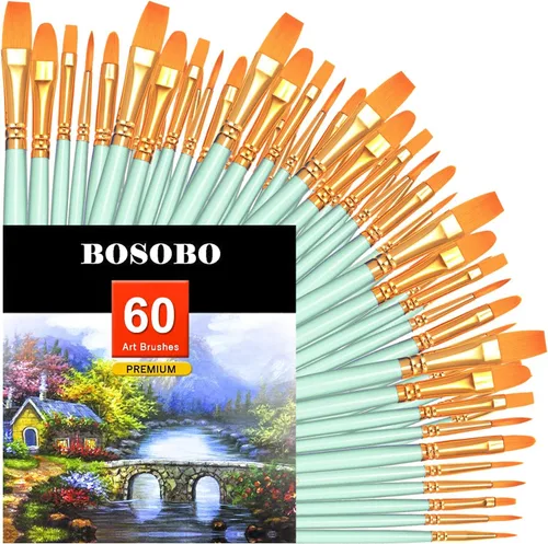 Miniatura 19 de BOSOBO Juego de 6 pinceles de pintura, 60 pinceles de punta redonda puntiaguda, pinceles de nailon para artistas del cabello acrílicos para aceite