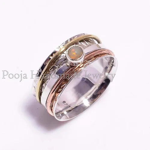 925 Sterling Silver Ethiopian Opal Spinner Ring for Women, Natural Gemstone Meditation Ring, Handmade Anxiety Fidget Spinning Rings, Promise Gift
